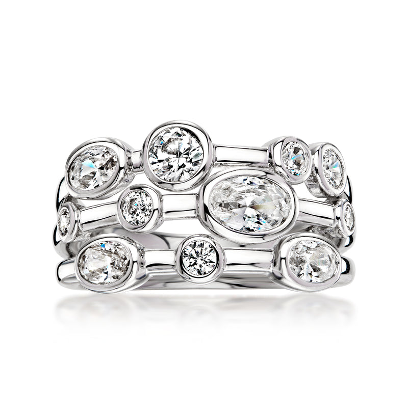 Rhodium-plated three-row CZ ring with round clear stones in silver settings