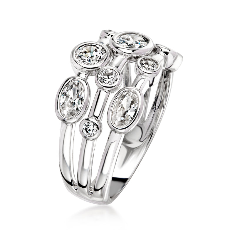 Silver three-row ring with multiple round CZ stones and open side prongs