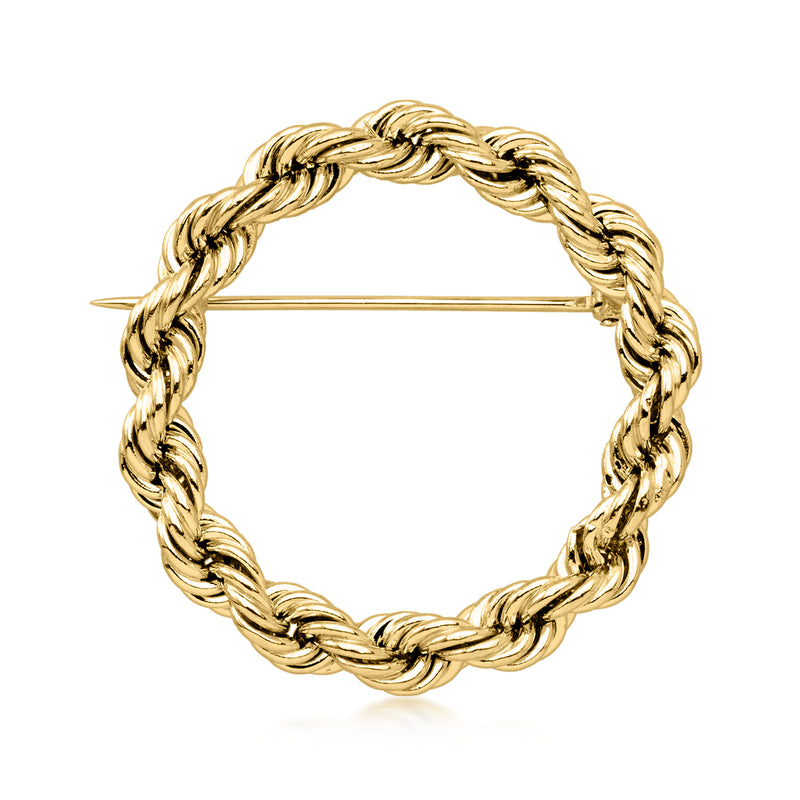 Vintage yellow gold roped circle pin with braided link border and straight bar clasp