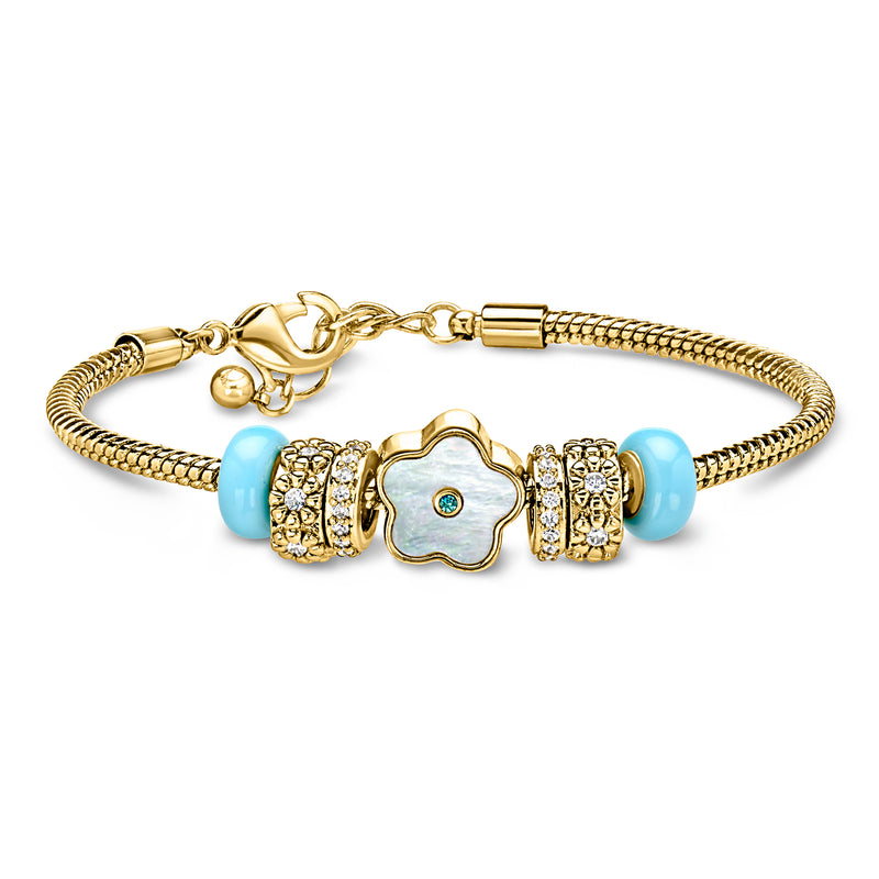 Gold-plated bead charm bracelet with blue beads and flower centerpiece