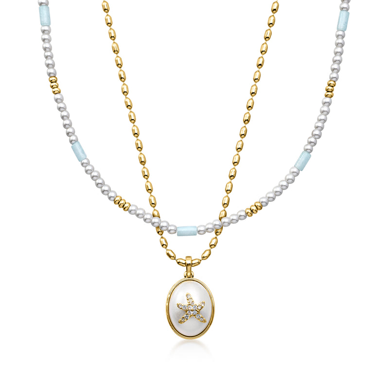 Layered bead and chain necklace set with starfish pendant, yellow and light blue pearls