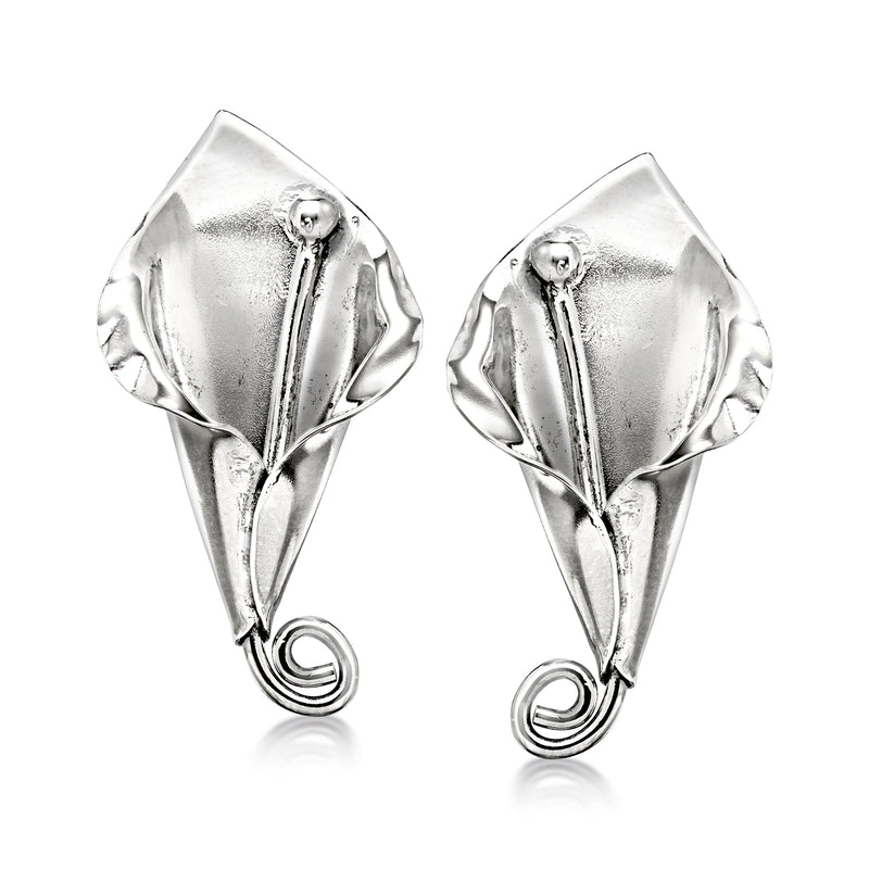Vintage sterling silver tone calla lily clip earrings with curled bottom loops