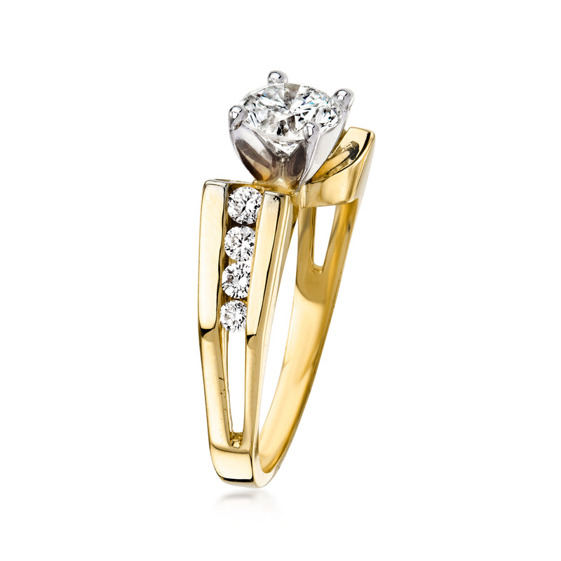 14kt yellow gold diamond ring with round center stone and baguette diamond side panels