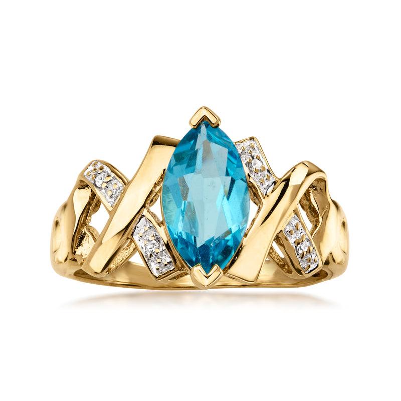 14kt yellow gold ring with oval Swiss blue topaz center and small diamond accents