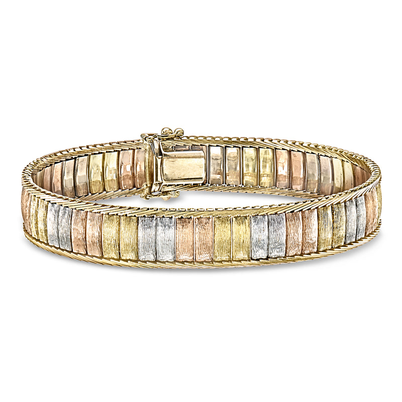 Vintage tri-colored gold bracelet with rectangular links and secure clasp