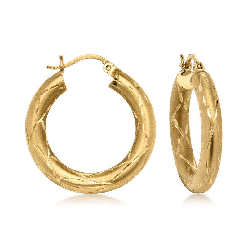 14kt yellow gold etched hoop earrings, hinged clasp, round twisted design