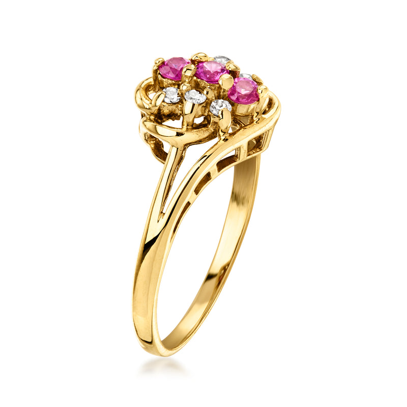 14kt yellow gold vintage ring with pink ruby cluster and small diamond stones, side view