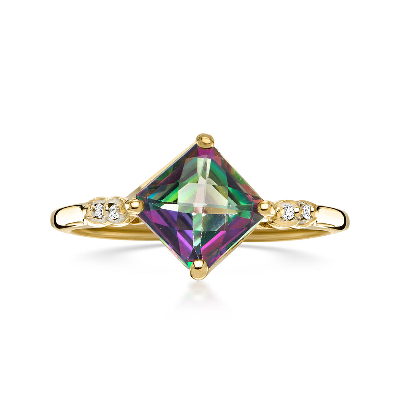 Vintage mystic topaz ring in 10kt yellow gold with diamond accents