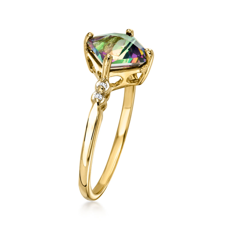 Prong-set mystic topaz ring with small round diamond details, 10kt yellow gold