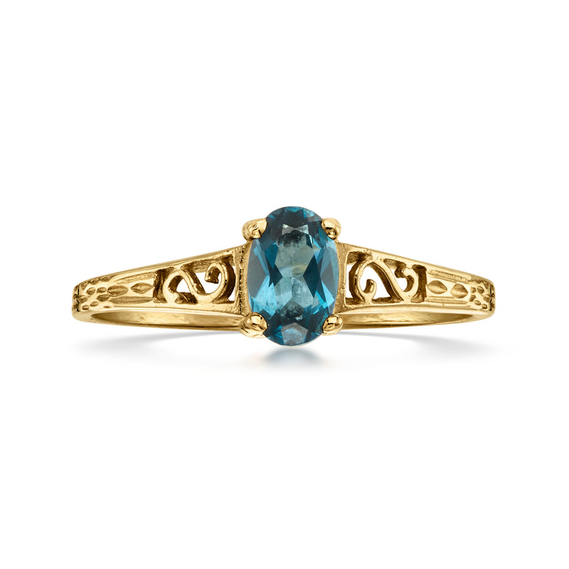 14kt yellow gold ring with London blue topaz, oval center stone and engraved band