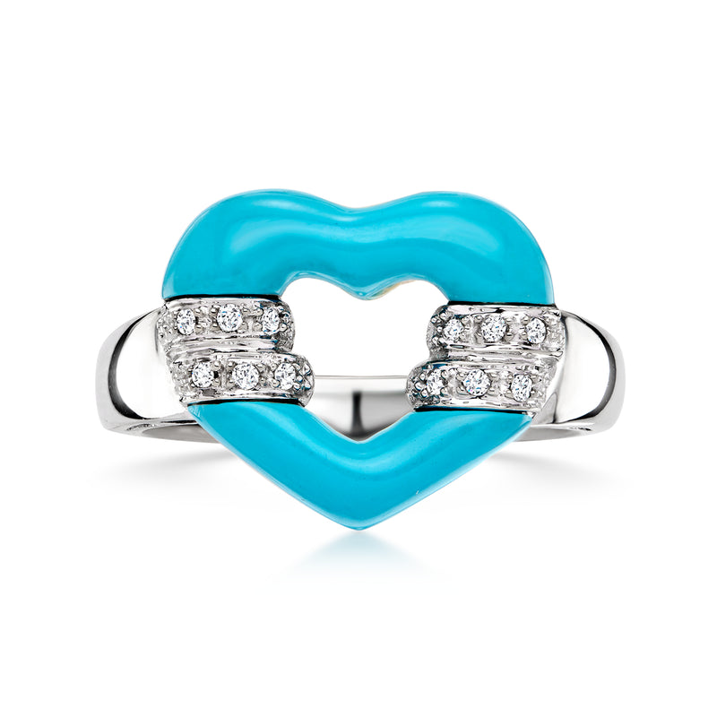 Vintage blue resin heart ring with diamond-accented 14kt white gold band