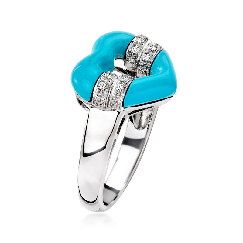 Vintage blue resin heart ring with diamond accents in 14kt white gold