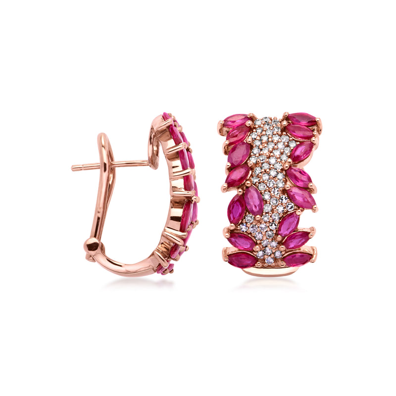 Rose gold hinged clip/post earrings with ruby and diamond cluster, curved fan design.