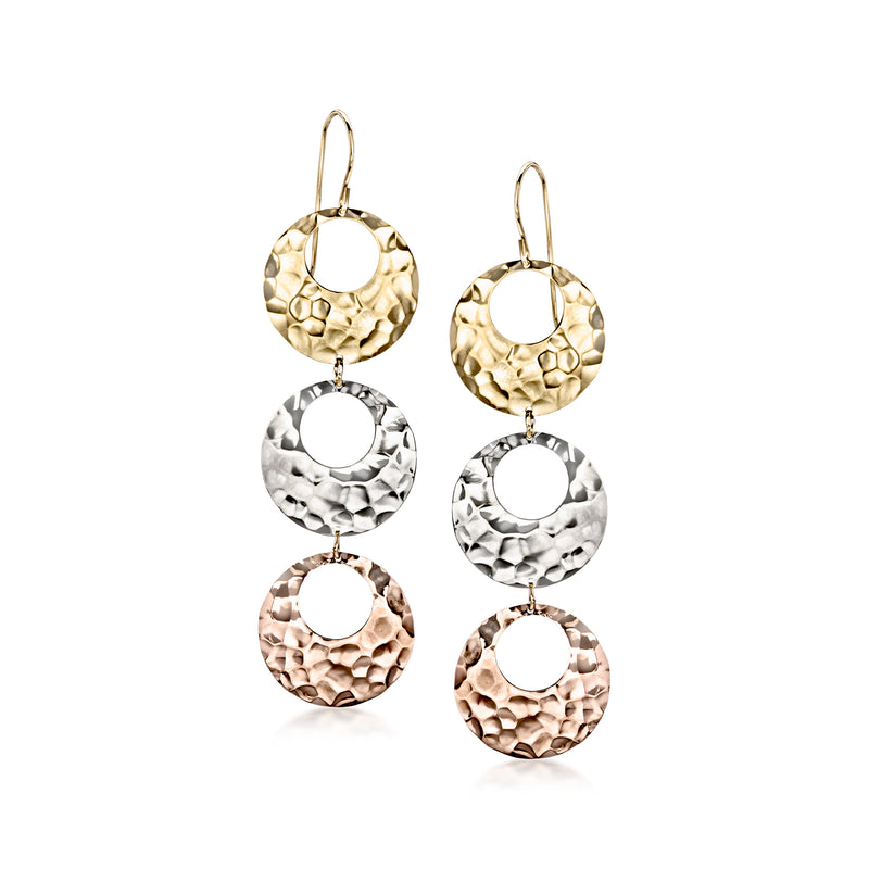 Tri-colored gold circle drop earrings with textured hammered discs and lever earwires
