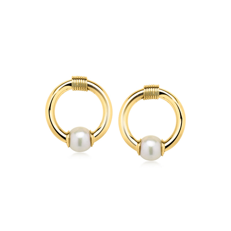 14kt yellow gold hoop post earrings with a centered cultured pearl