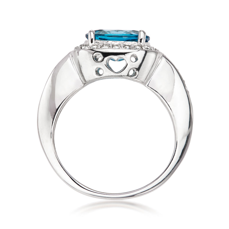 Openwork 14kt white gold ring with blue topaz center and diamond-set frame
