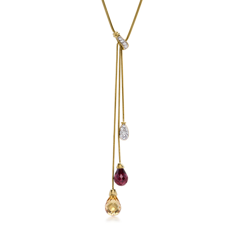 14kt yellow gold bead drop necklace with diamond, garnet red, and citrine yellow drops