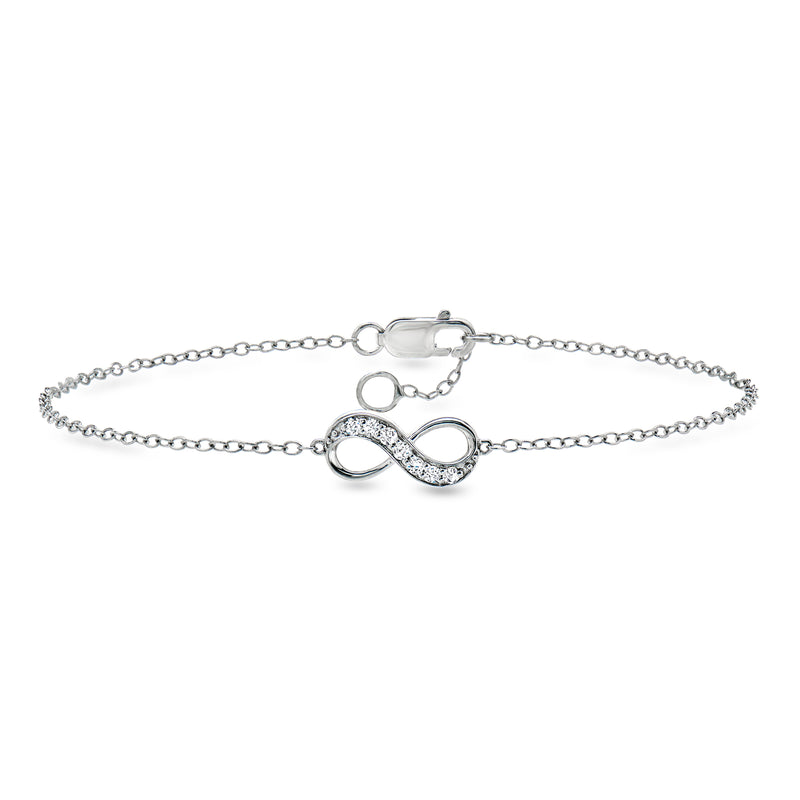 Sterling silver infinity symbol bracelet with diamond-studded pendant and lobster clasp