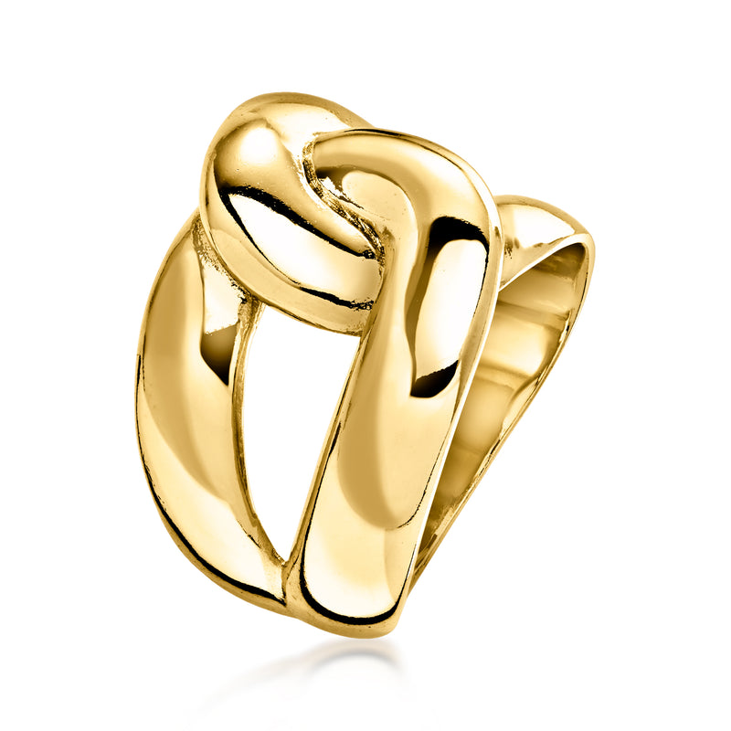 Gold-plated knot ring, close side view of twisted loop design