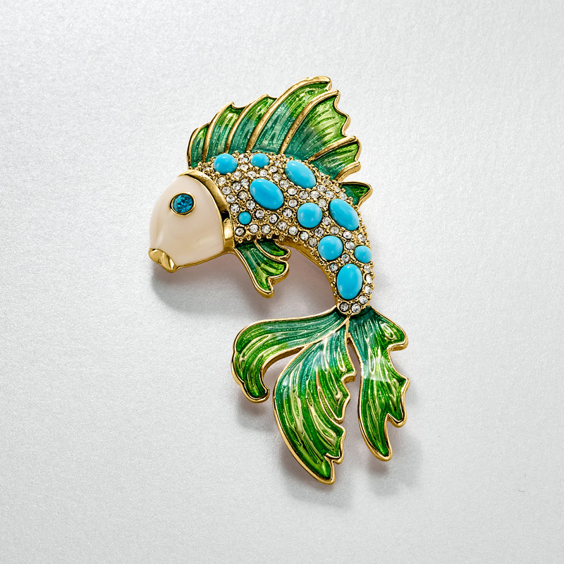 14kt Yellow Gold-Plated Fish Pin with Simulated Multicolored Gemstones and Enamel