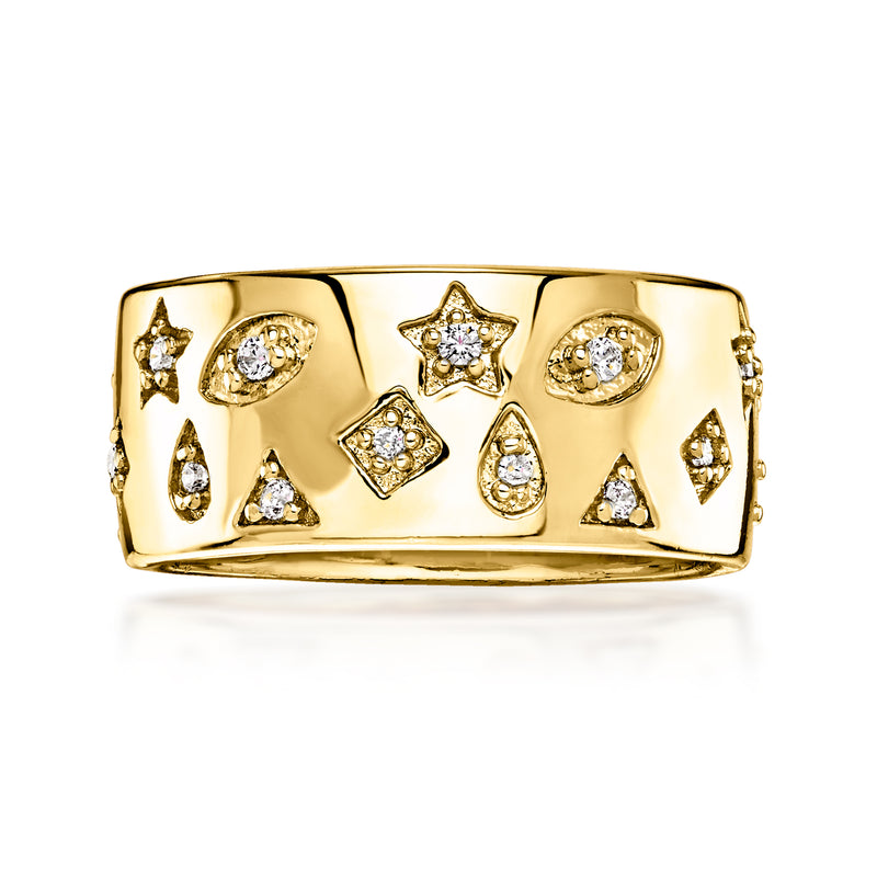 Yellow gold-plated wide band ring with mixed-shape CZ stones: star, round, triangle