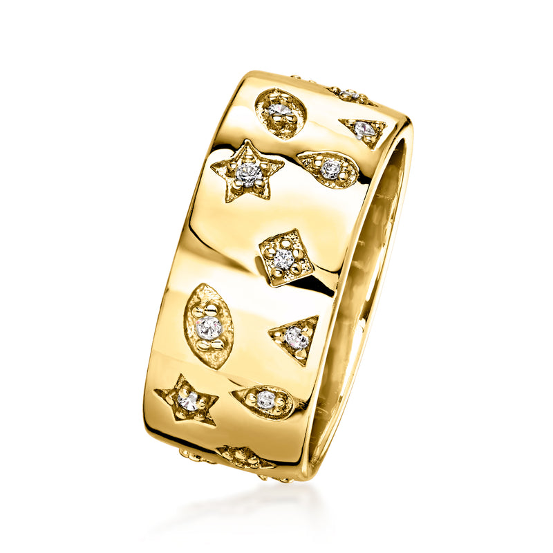 Yellow gold-plated ring with mixed-shape CZ stones, angled side view of wide band