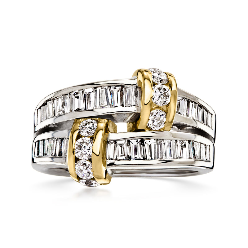 Two-row diamond ring in two-tone gold with baguette-cut stones, high-shine setting