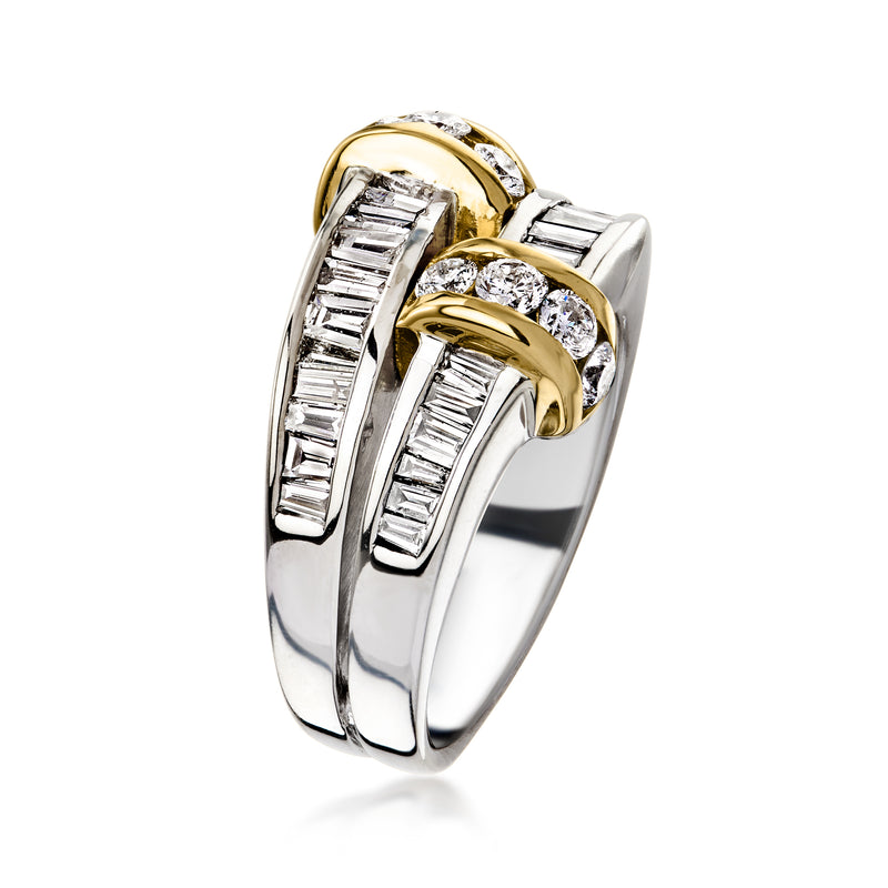 Two-row baguette-cut diamond ring in two-tone gold, side view with stacked bands