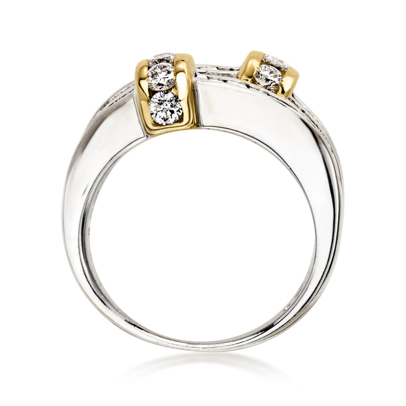 Two-tone gold diamond ring with baguette-cut stones on two stacked rows