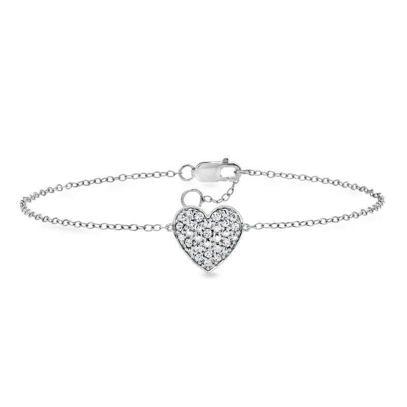 Sterling silver tennis bracelet with heart pendant set with sparkling stones