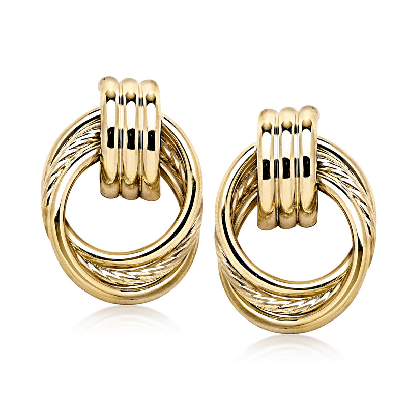 14kt yellow gold doorknocker stud earrings with coiled circular hoops