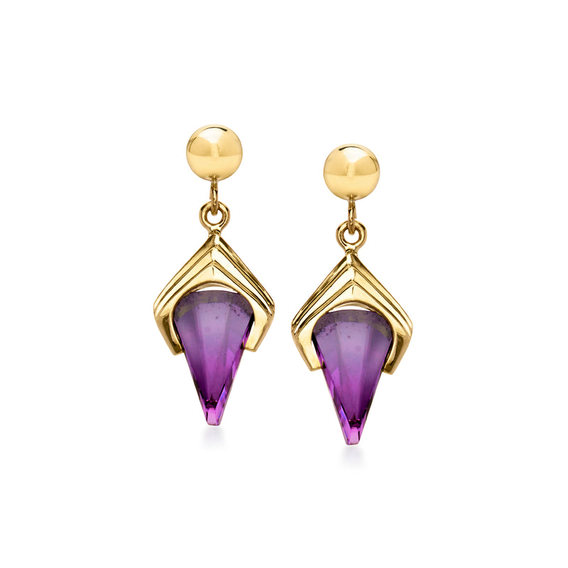 14kt yellow gold drop earrings with purple teardrop gemstone in geometric bezel