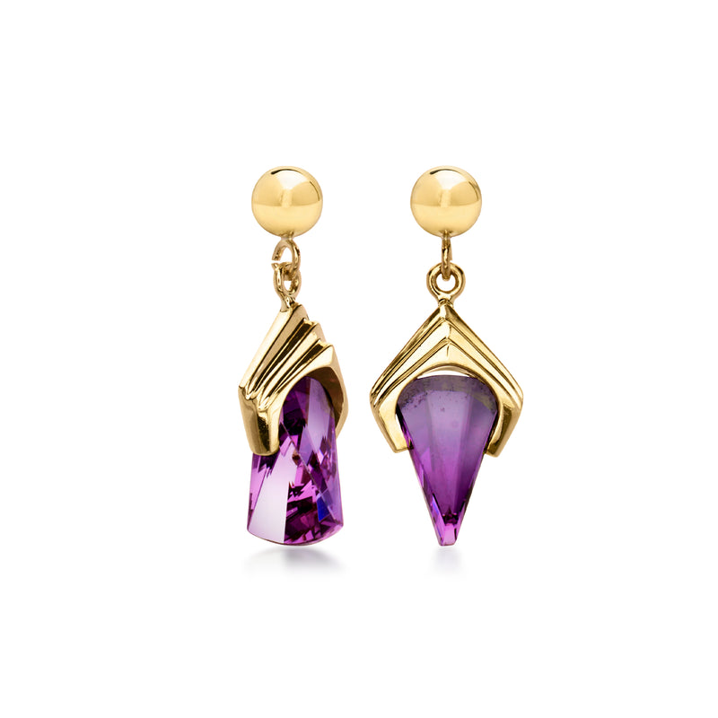 14kt yellow gold drop earrings featuring a purple teardrop gemstone dangling below