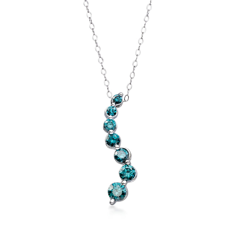 14kt white gold blue diamond journey necklace with oval blue stones on chain