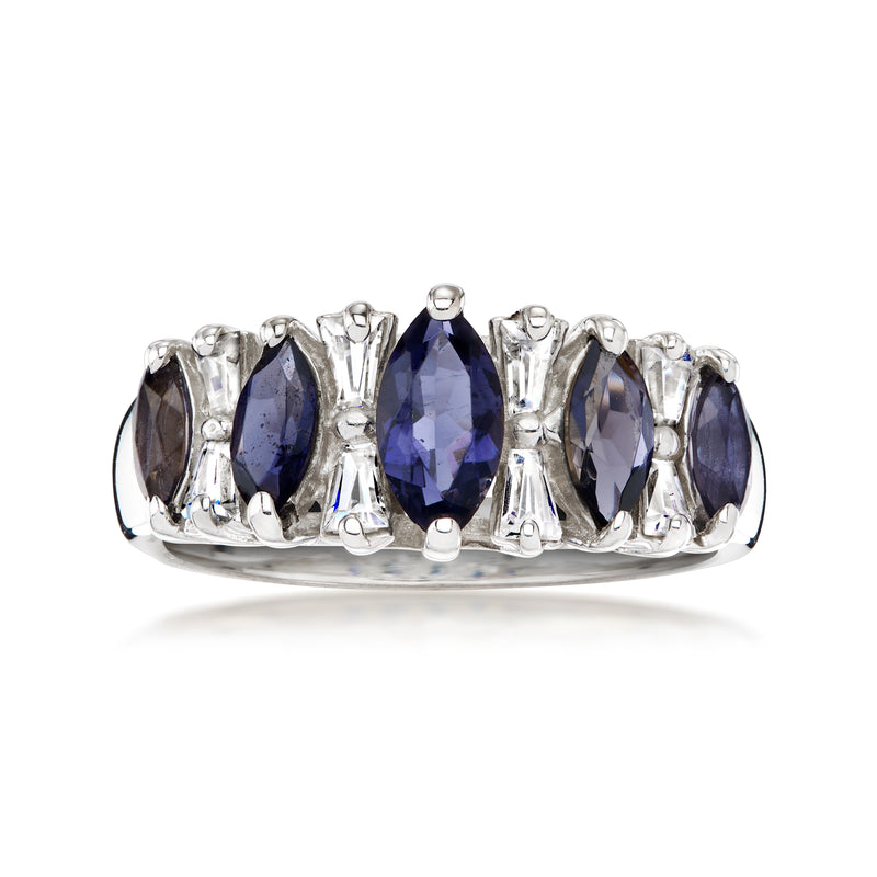 Sterling silver ring with oval dark-blue iolite-style stones and prong settings