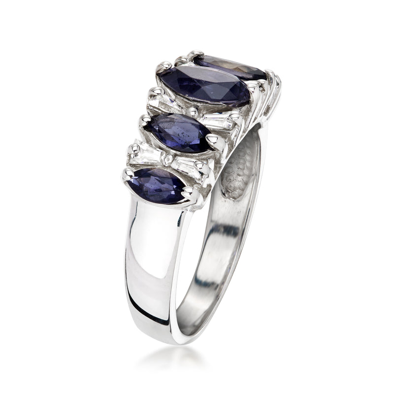 Sterling silver ring with three marquise-cut dark-blue stones in angled bezels