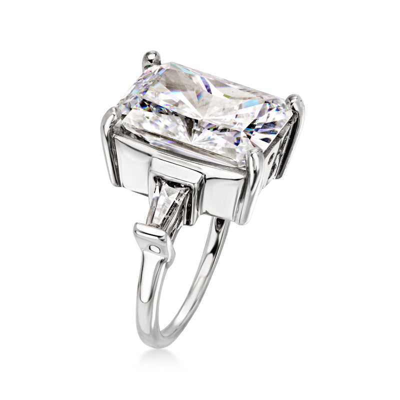 Sterling silver ring with square-cut CZ, raised setting and prominent side prongs