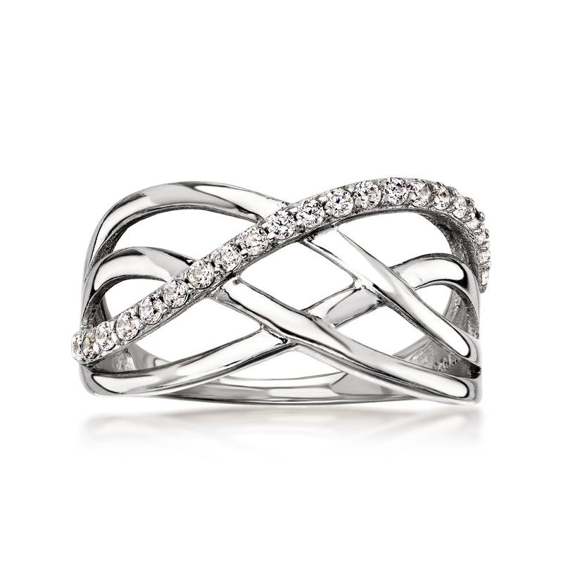 Sterling silver CZ highway ring with crisscross lattice and pave stones, polished band