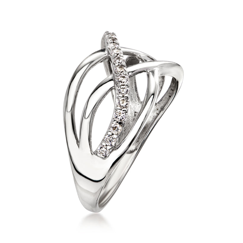 Sterling silver CZ crisscross ring with raised pave centerpiece and polished finish