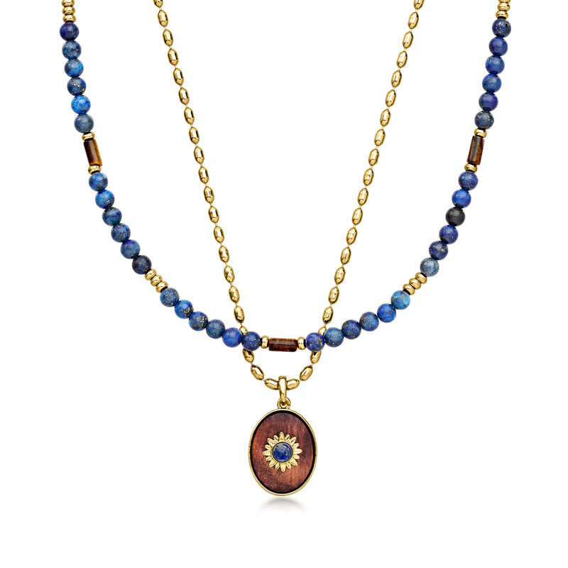 Gold-plated necklace set with blue bead chains and two round sun pendants
