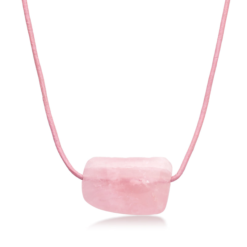 Pink rose quartz bead necklace with pink leather cord and rectangular pendant