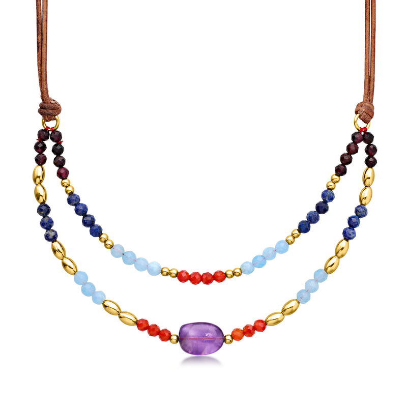 Layered bead necklace with brown leather cord, multicolor beads and purple center charm