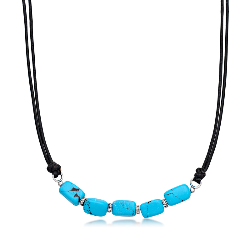 Black leather cord necklace with turquoise blue simulated stone beads and clasp knots