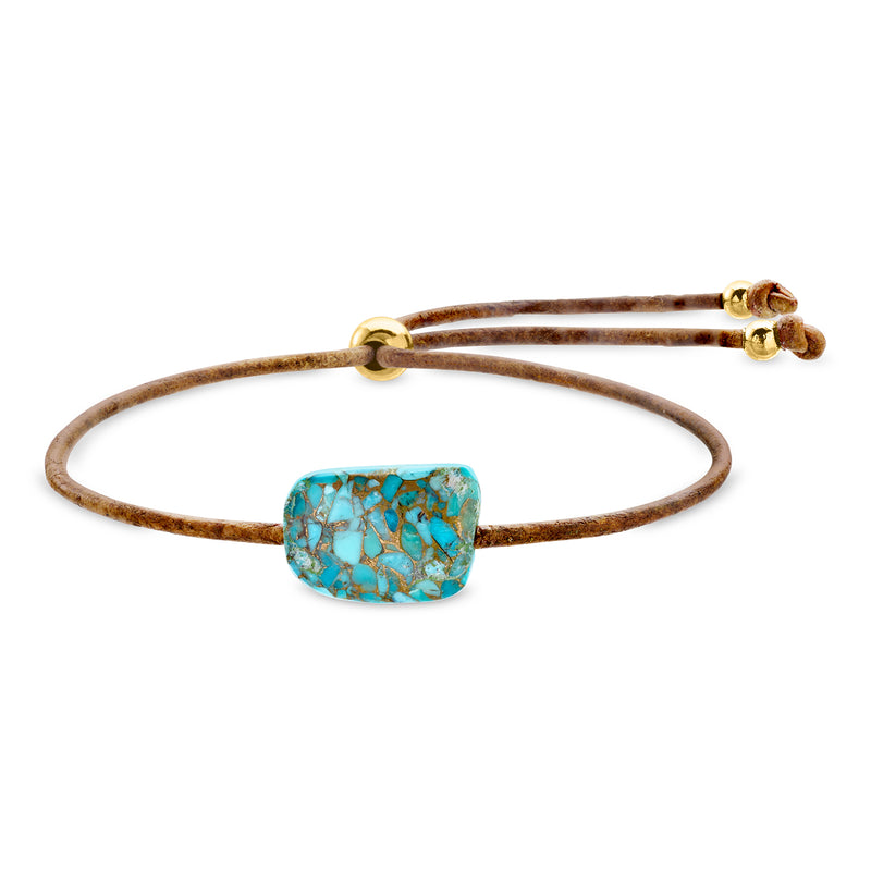 Turquoise mosaic bead bracelet on brown adjustable leather cord with gold accents