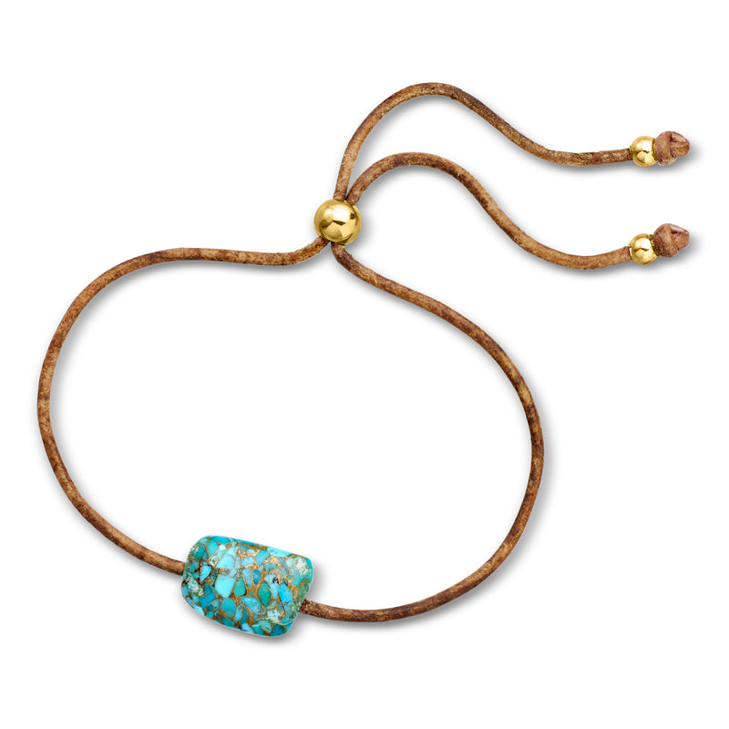 Brown leather cord bracelet with turquoise rectangular bead and gold adjustable ends