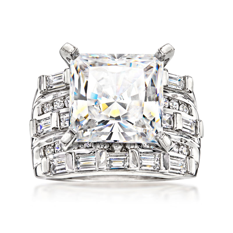 Sterling silver CZ ring with square-cut center stone, baguette side accents