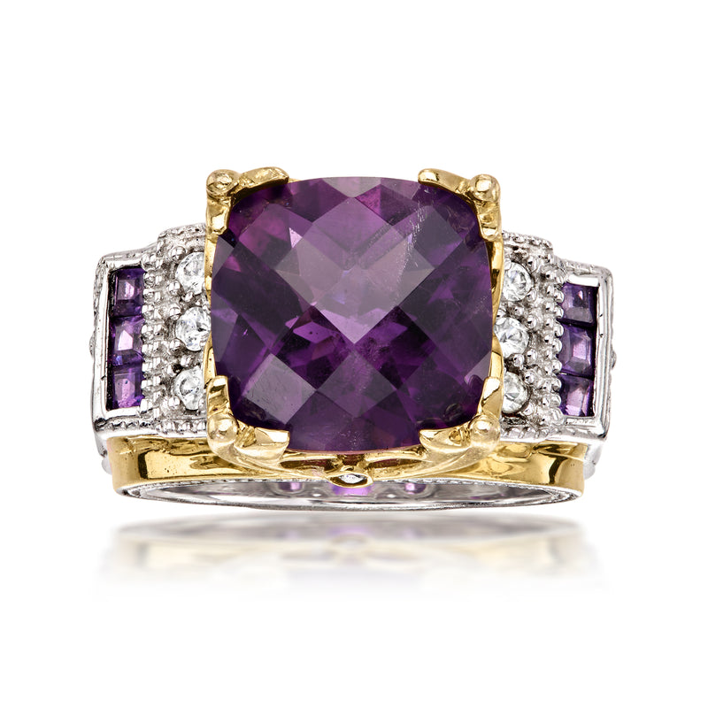 Amethyst and spinel ring with large cushion-cut purple gemstone, gold prongs, silver sides
