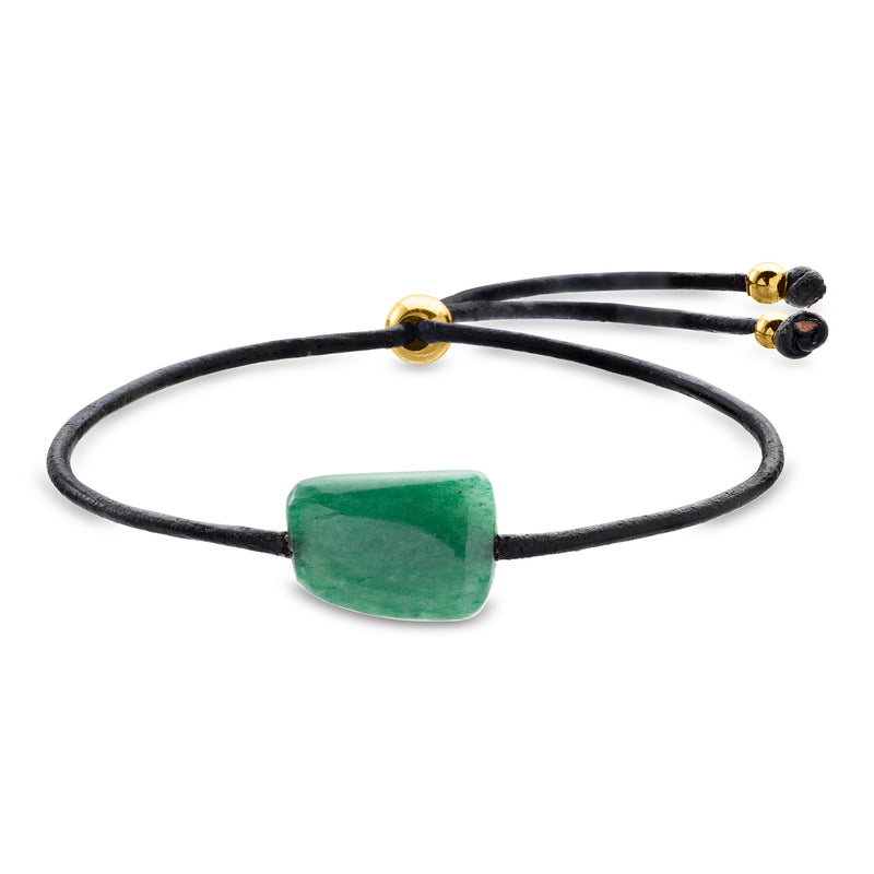 Aventurine bead bracelet with black leather cord, green rectangular stone and gold beads
