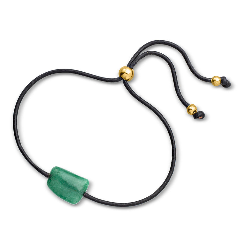 Aventurine bead bracelet on black leather cord with green stone, gold spacers, adjustable knots