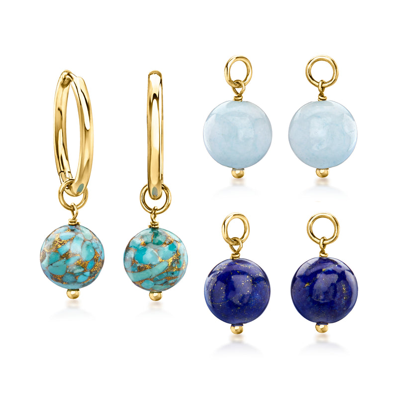 18kt gold over sterling hoop earrings with light blue, turquoise, and lapis drops